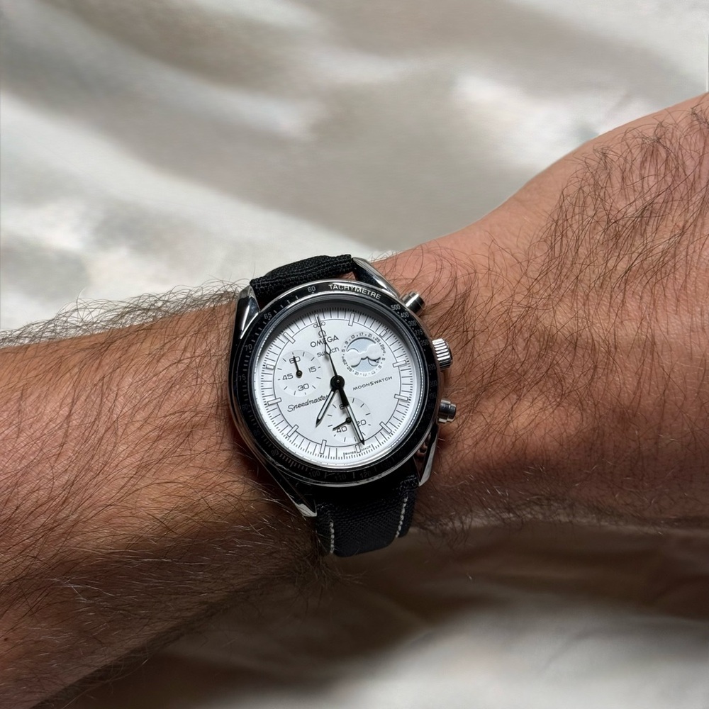 Modded Stainless Steel Speedmaster MoonSwatch on Omega Canvas Strap